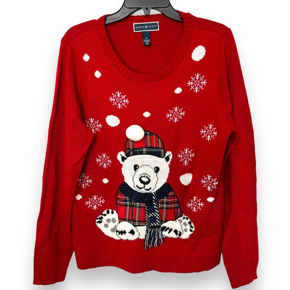 Ugly Christmas Sweater Teddy Bear Red Karen Scott Women’s Size XL